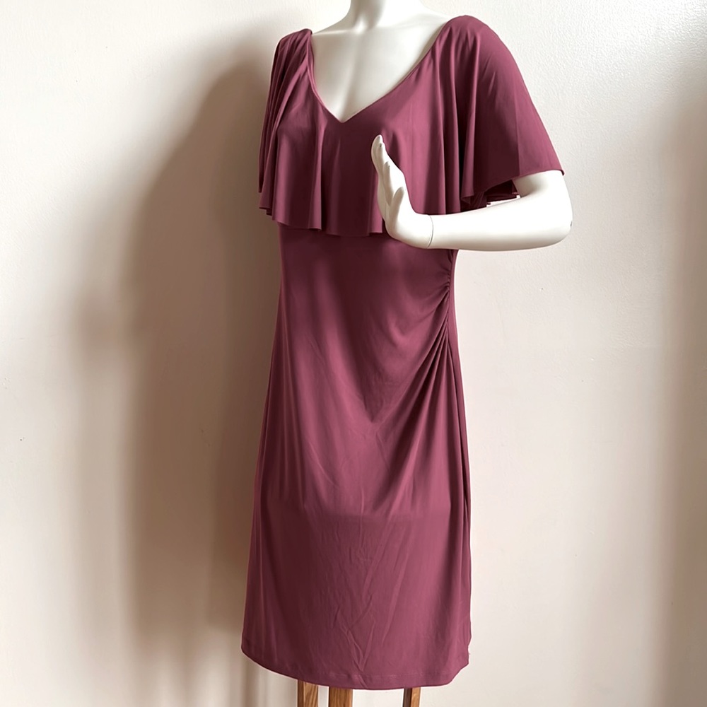 Connected apparel dress in a mauve pinkish shade. Can be off the shoulder style